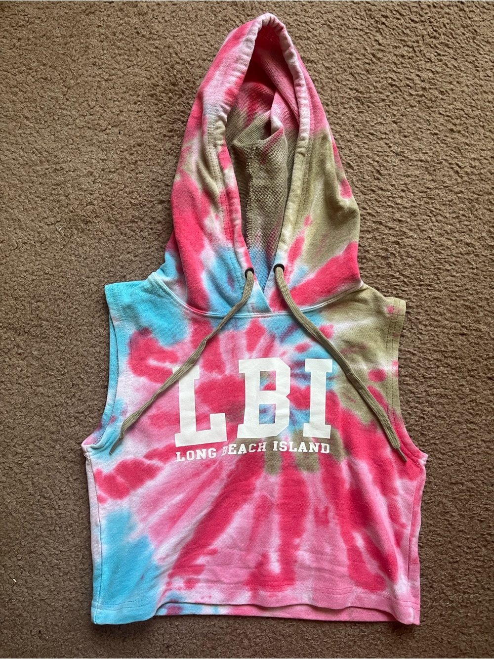 LBI Long Beach Island Tie-Dye Hoodie Crop Top - Pink Blue Olive Size M (Girls)